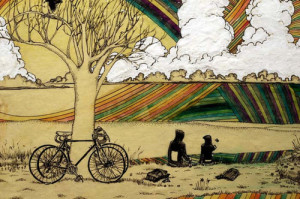 bike, couple, cute, love, park, rainbow, tree