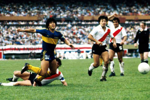 ... River in 1981. Here, River’s Passarella tackles Boca’s Maradona