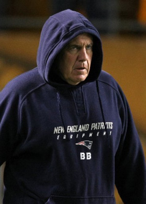 Patriots coach Bill Belichick in his famous hoodie, with his famous ...