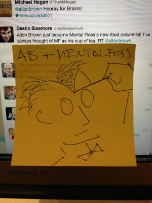 Tweets & a Post-It note illustration celebrating Alton Brown's new gig ...