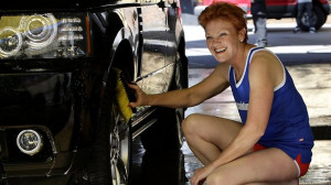 Pauline Hanson during the car wash challenge on Celebrity Apprentice ...
