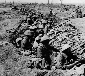 Trench warfare: British infantrymen occupying a shallow trench in a ...