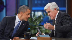 President Barack Obama chats with host Jay Leno during a break in the ...