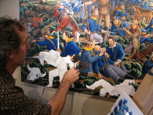 Kim Wiggins working on a painting of Custer’s last stand