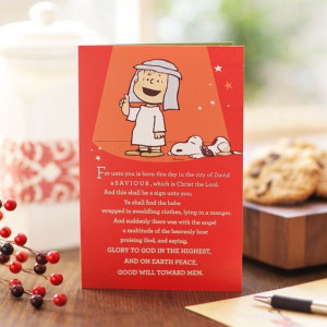 Charlie Brown Peanuts Linus Bible quote Christmas card.