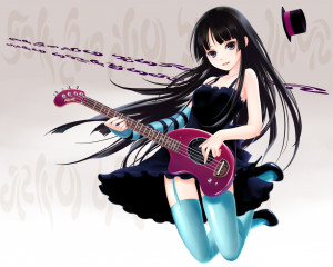 ... girl with long smooth black hair who is playing an electric guitar