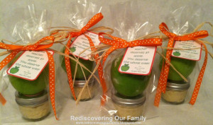 Apples and dip wrapped in a cellophane bag and tied with ribbon and ...