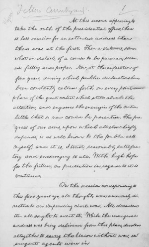 Copy of the second Inaugural Address; endorsed by Lincoln, April 10 ...