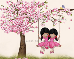 African American sisters wall art print, Cherry blossom tree, twins ...