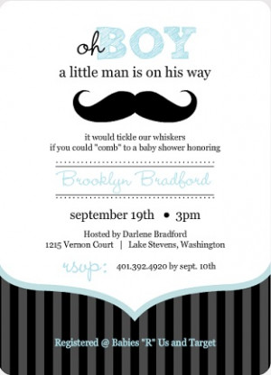Blue and Black Moustache Boy Baby Shower Invites