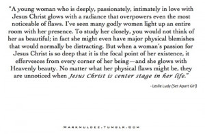 The radiance of Christ in a young lady - quote by Leslie Ludy