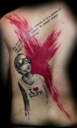 Tattoo quote and picture on male back