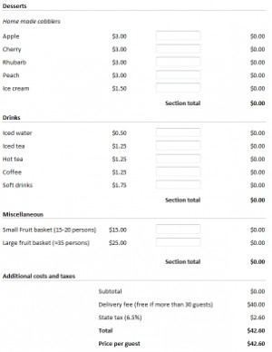 calculating web form for catering orders