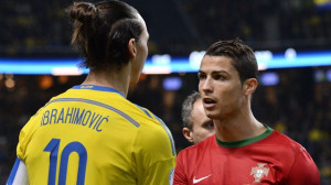 Sweden's forward Zlatan Ibrahimovic (L) shakes hands with Portugal's ...