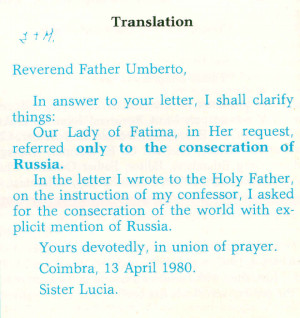 On April 13, 1980, Sister Lucy replied to Fr. Umberto's question ...