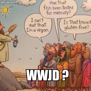 Funny WWJD Galilee Fish Bread Miracle Vegan Gluten-free Cartoon Joke ...