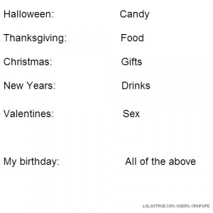 Halloween: Candy Thanksgiving: Food Christmas: Gifts New Years: Drinks ...