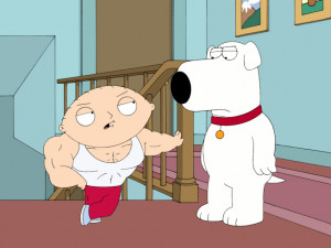 Stewie asks Brian for a toll in order to go downstairs