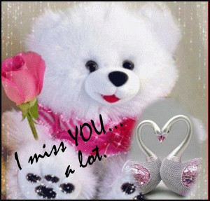 miss you, message given by a teddy bear lying on the bed.