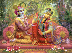 ... print of Sri Sri Radha and Krishna together, sitting on a couch