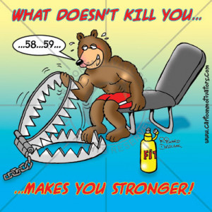 Motivational cartoon of brown bear doing exercise curls on a bench ...