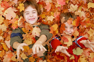 boys playing in the leaves