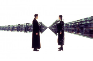 Still of Keanu Reeves and Carrie-Anne Moss in The Matrix (1999)