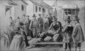Giles Corey being pressed with heavy stones after refusing to enter a ...