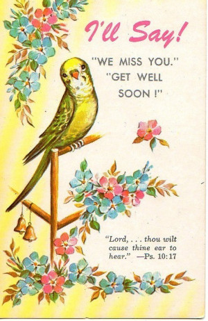 ... miss you Get well soon vintage postcard Parakeet flowers Bible verse