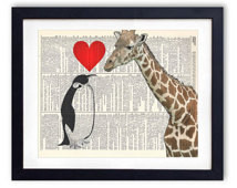Giraffe & Penguin Love Upcycled Dic tionary Art Print Repurposed Book ...