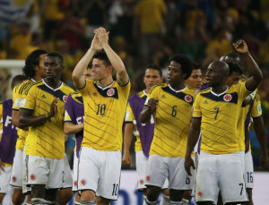 Colombia's James Rodriguez and teammates celebrate at the end of the ...