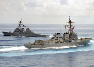 ... the Arleigh Burke class DDG 59 USS Russell, left, and USS Shoup DDG 86