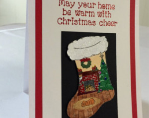Cute Christmas card with handstampe d cozy christmas scene. ...
