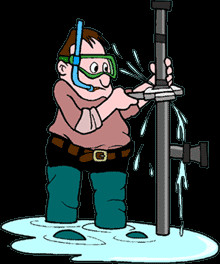 funny cartoon of plumber standing in rising water, working on a pipe ...