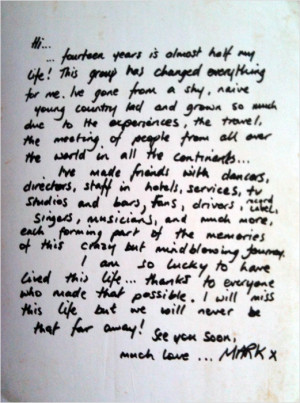 ... messages of Mark in the Tour Book for Westlife’s Farewell Tour 2012