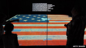 The original start-spangled banner on display in the Smithsonian