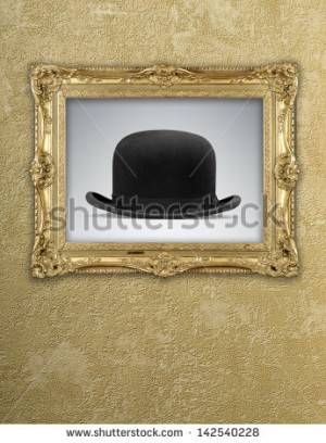 grunge wallpaper with golden vintage frame and a bowler hat - stock ...