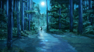 pattern forest night the moon the path the girl a flashlight fireflies ...