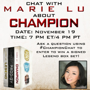 Twitter Chat with Marie Lu, Author of the Legend Trilogy on 11/19 at ...