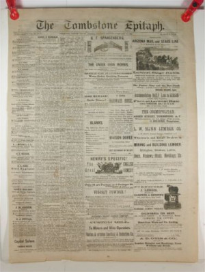 18in x 24in Fab!!!!! ORIGINAL 1882 TOMBSTONE EPITAPH NEWSPAPER ...