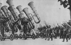 Emperor Hirohito inspecting some impressive Japanese war tubas in the ...