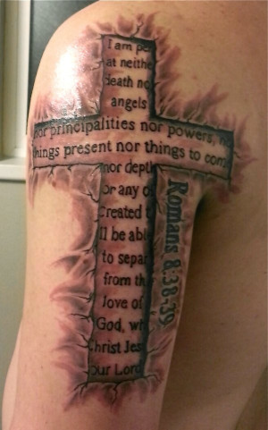 Amasing cross with biblical quotes tattoo on half sleeve