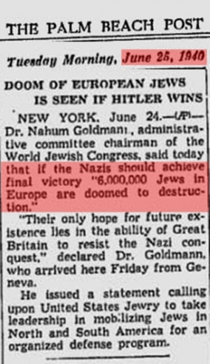 1940 newspaper article reporting the doom of 6 million Jews if Hitler ...