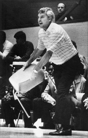 Feb. 23, 1985 - Bobby Knight throws a chair onto the floor during a ...