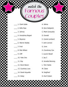 Printable Bridal Shower Game Match the Famous Couples - Sent directly ...