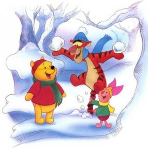 Winnie the Pooh, Tigger and Piglet standing in the snow.