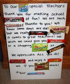poster with some words replaced with real candy bars as a thank you ...