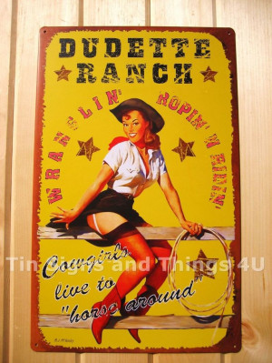 Dudette Ranch Cowgirls Horse Around TIN SIGN vtg metal western decor ...