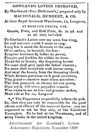 Advertisement for Gowlands' Lotion, from Ackermann's Repository 1809 ...