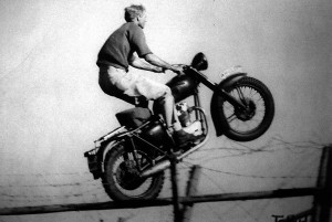 Steve McQueen having some fun on his Triumph Trophy TR6 during filing ...